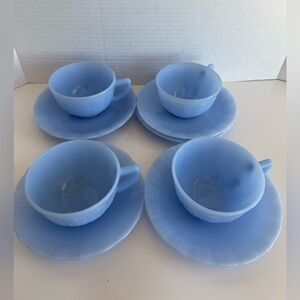 Vtg Pyrex Delphite Blue Glass Piecrust 10 Piece Set - 4 Teacups and 6 Saucers